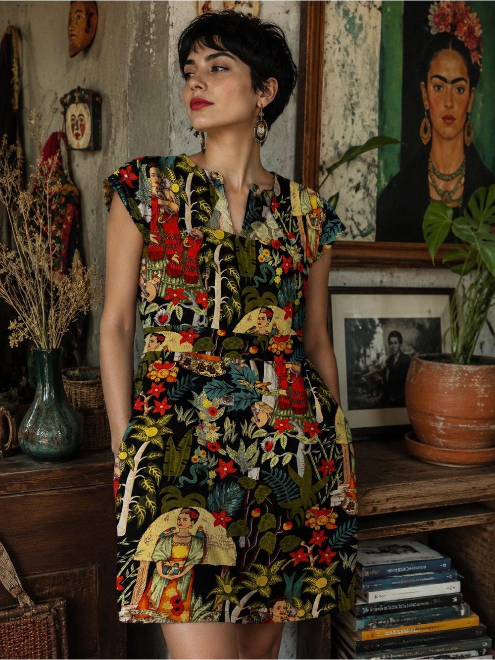 Grace Karin Frida Kahlo print midi pencil dress